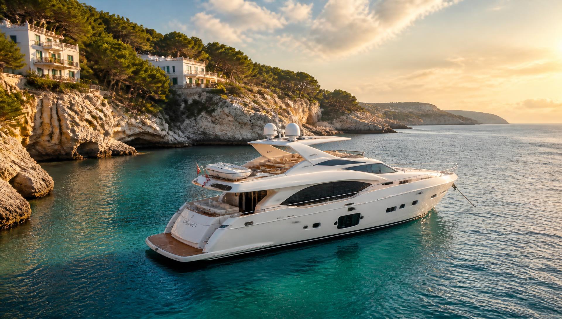 Luxury motor yacht anchored off the Balearic coast